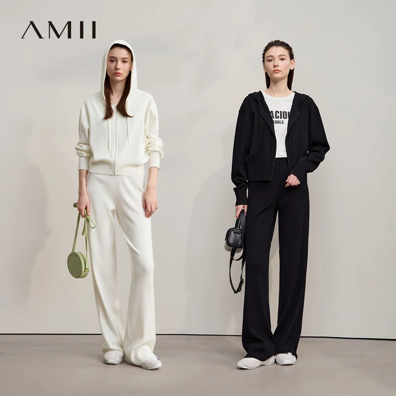 

Кардиган AMII для женщин, осень 2022, новый свободный свитер с капюшоном и длинными рукавами, широкие брюки на молнии, универсальные спортивные штаны для женщин12543215