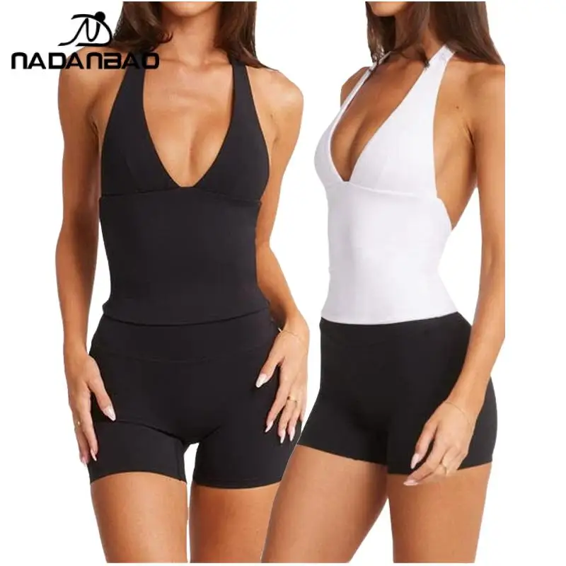 Nadanbao Women's Sexy V-Neck Yoga Vest Halter Naked Top Quick-Drying Sports Pants Highly Elastic Skin Friendly Fitness Shorts