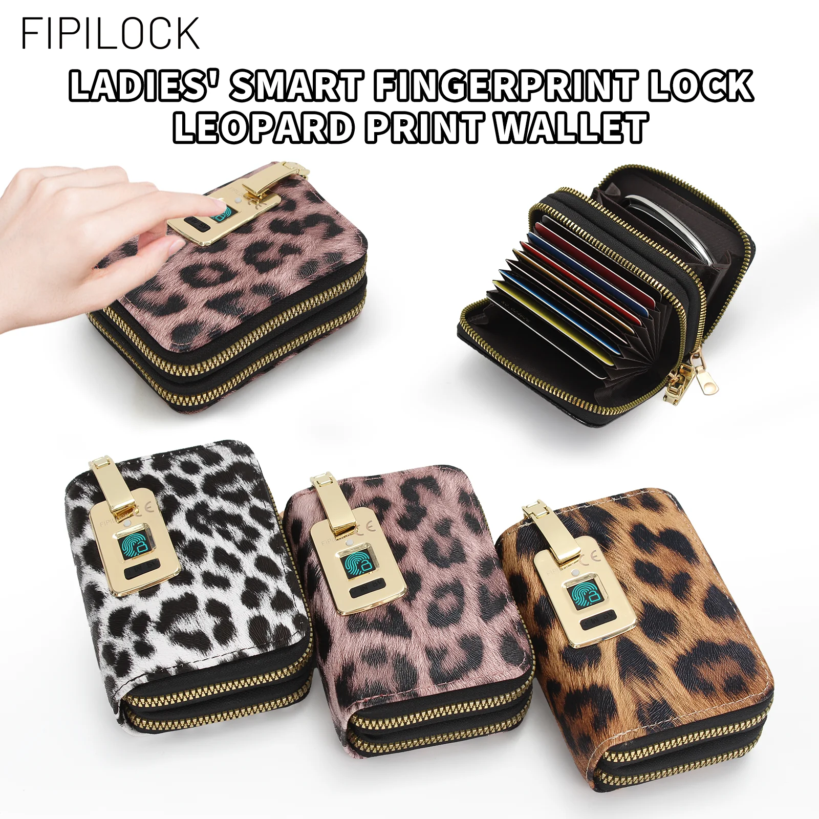 FIPILOCK Women's Wallet with Smart Fingerprint Unlock Purses for Women Cards Holder Leopard Print Wallets with Zip Coin Pocket