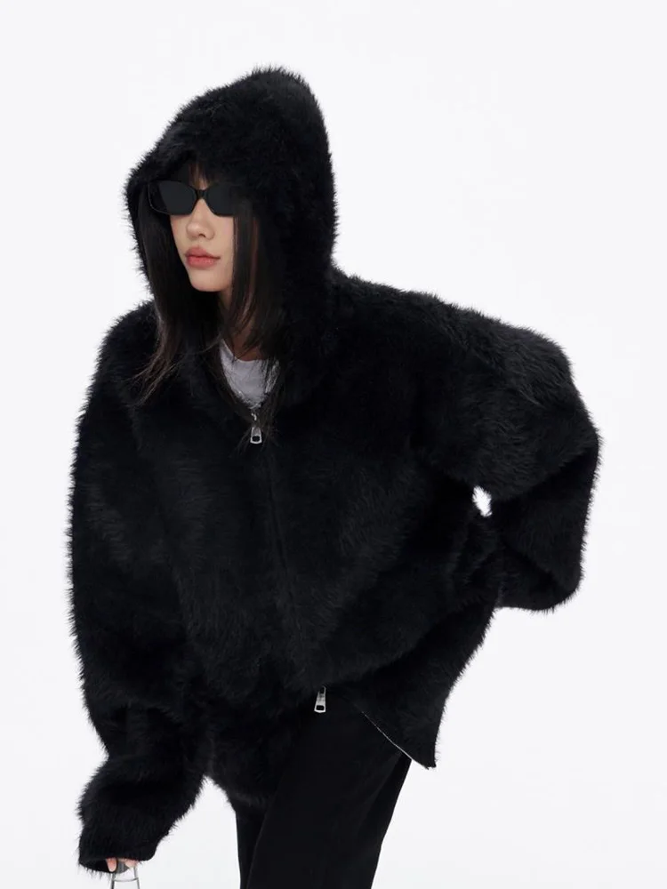 

Zoki Retro American Y2K Black Cardigan Women Oversize Harajuku Faux Mink Cashmere Sweater Casual Long Sleeve Gothic Hooded Tops