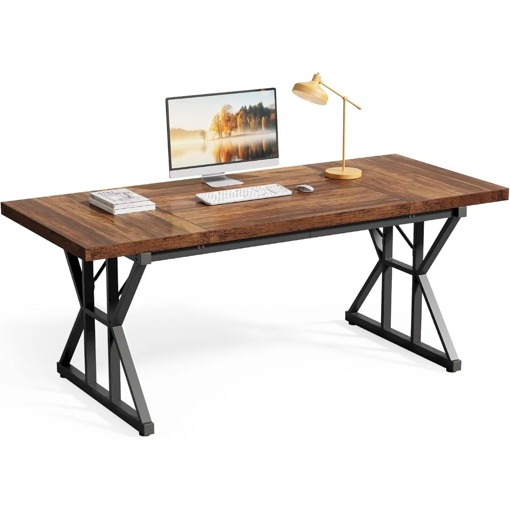 

70.8-Inch Office Desk, Wooden Executive Office Desk, Modern Work Desk, Large Farmhouse Writing Table Computer Desk for Home, Br