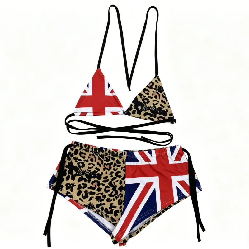 

European American spicy girl leopard print American flag print hanging neck top sexy exposed navel tie vest low waist shorts