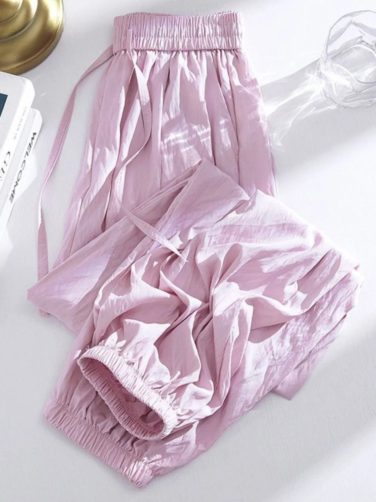 

plus Size Women's Ice Silk Loose Cuffed Thin Summer Pants High Waist Korean Style Commute Wind Pure Color Casual Loose Fit