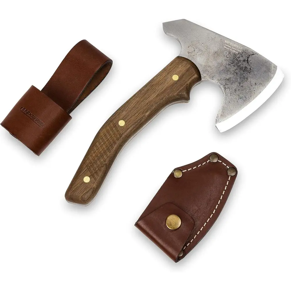 

Compact Carbon Steel Survival Axe with Leather Sheath - Ideal for Camping, Wood Carving, and Gardening