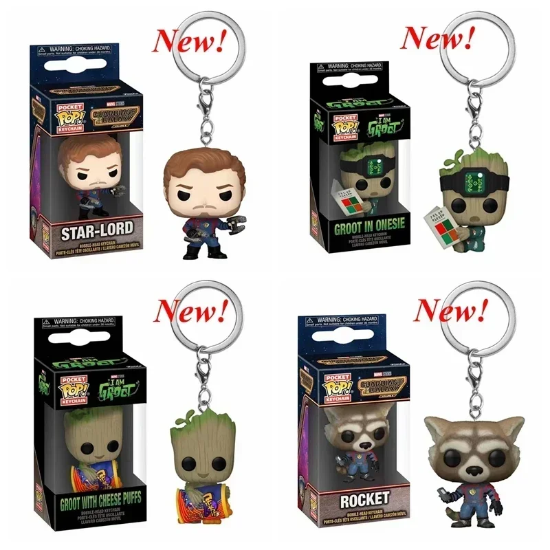 Nuevos llaveros de bolsillo FUNKO Guardianes de la galaxia nueva Star-Lord Rocket Groot Holiday Groot en Onesie llaveros de juguete para regalo de niños