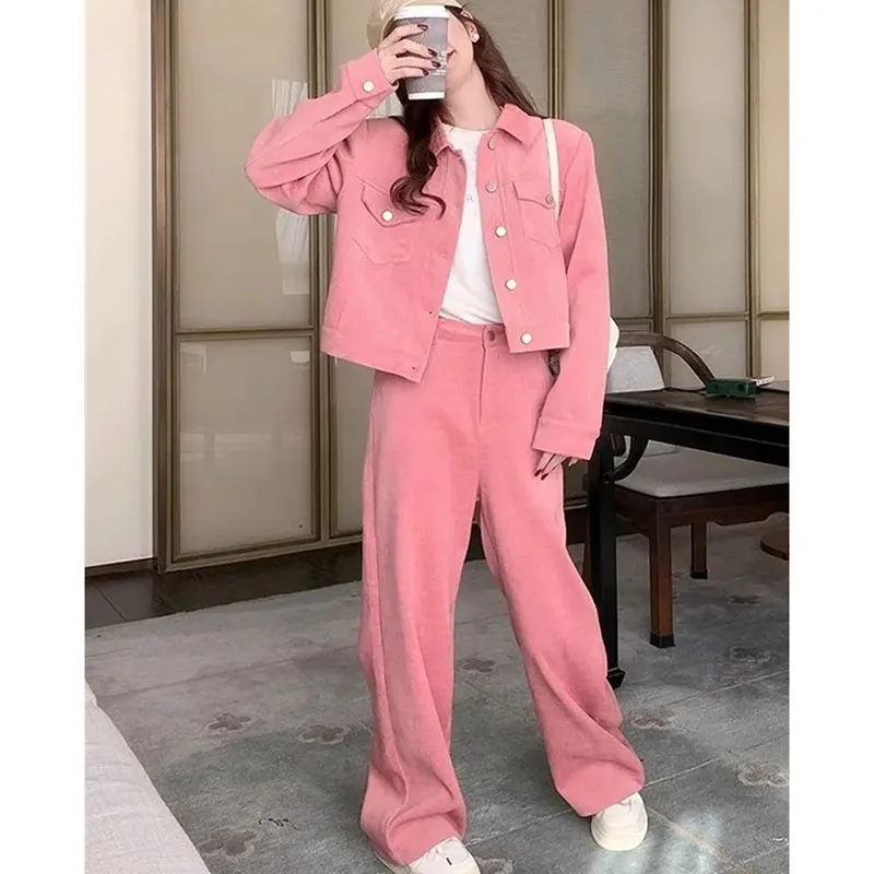 Primavera outono senhoras mangas compridas cintura alta outfit moda feminina conjunto de duas peças doce lazer calças largas perna terno rosa