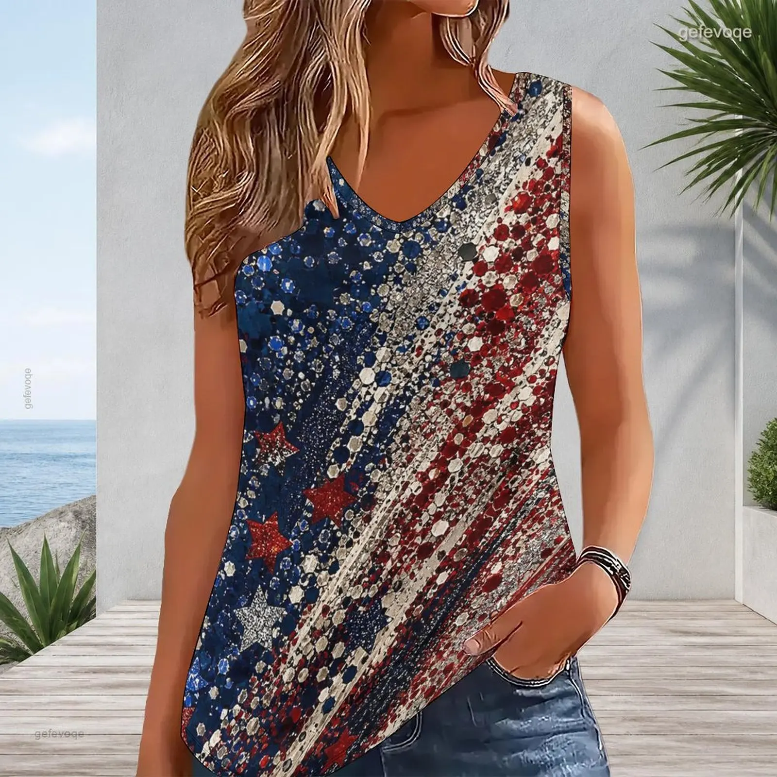 Women V Neck Sleeveless Tank Top Contrast Trim Loose Fit Casual Vest Custom Print Ladies Daily Summer Tops