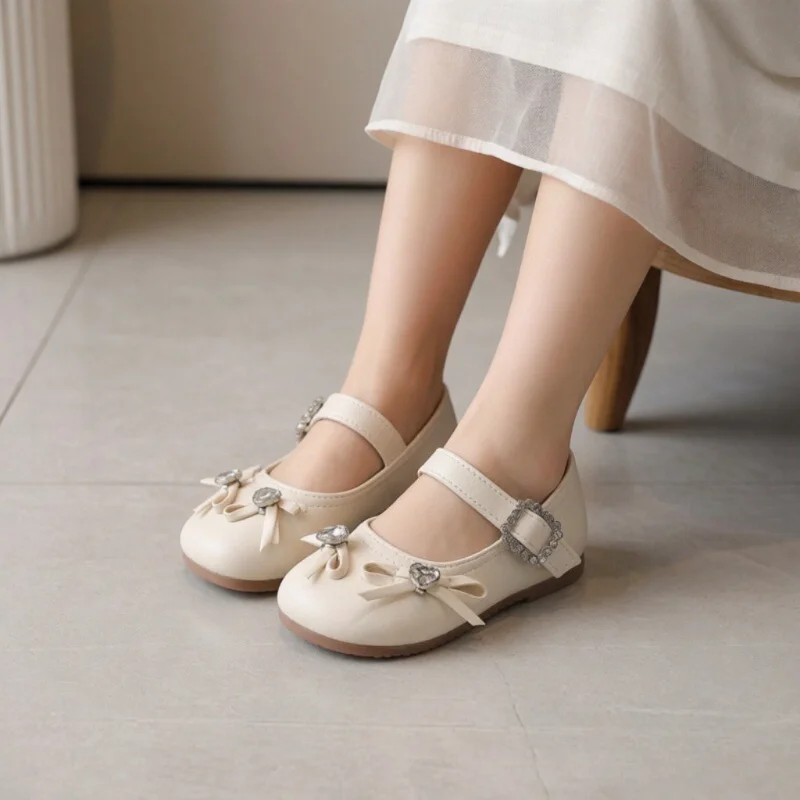 

Mary Jane Round Head PU Leather Shoes Girl Spring Rhinestone Shallow Mouth Bow Flats Loafer Size 22-31