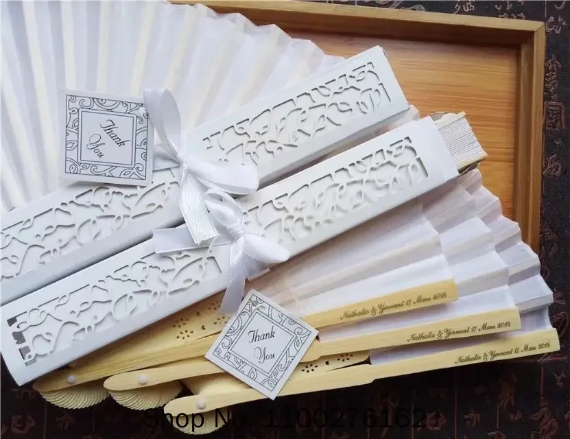 100 Pcs/lot Personalized Luxurious Silk Fold Hand Fan in Elegant Laser-Cut Gift Box +Party Favors/wedding Gifts+printing