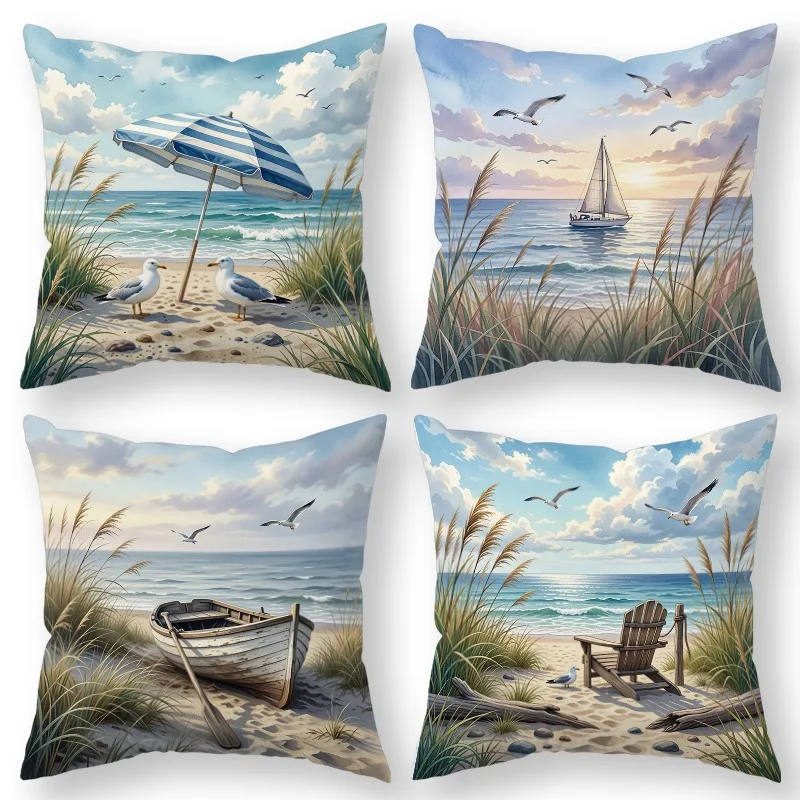 Four Piece Printed Beach Scenery Throw Pillow Covers Polyester Coastal Seaside Nautical Art Home Decor Accent Set