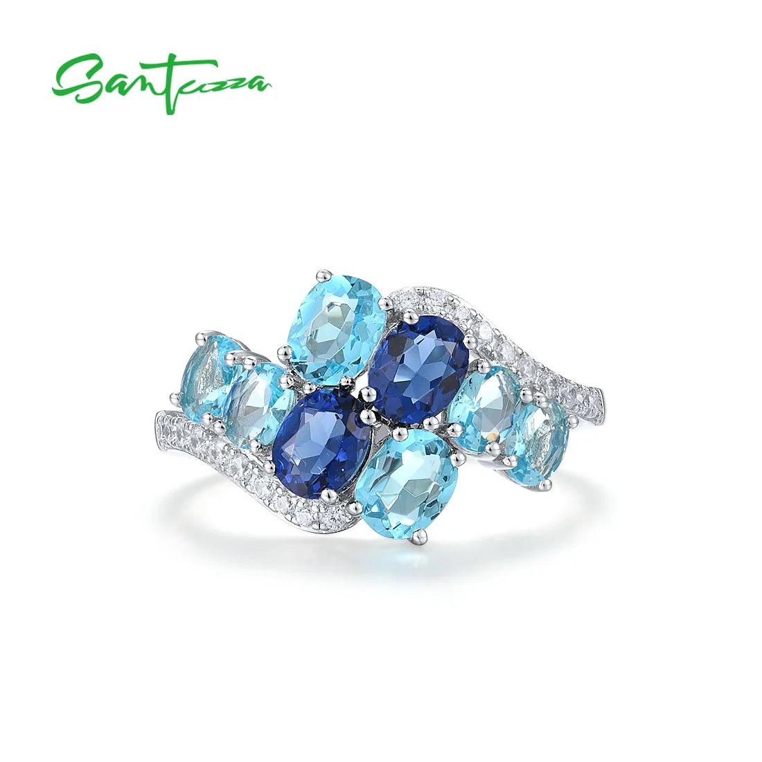 SANTUZZA Pure 925 Sterling Silver Rings For Women Oval Blue Gemstone Round White CZ Cluster Elegant anillos Wedding Fine Jewelry