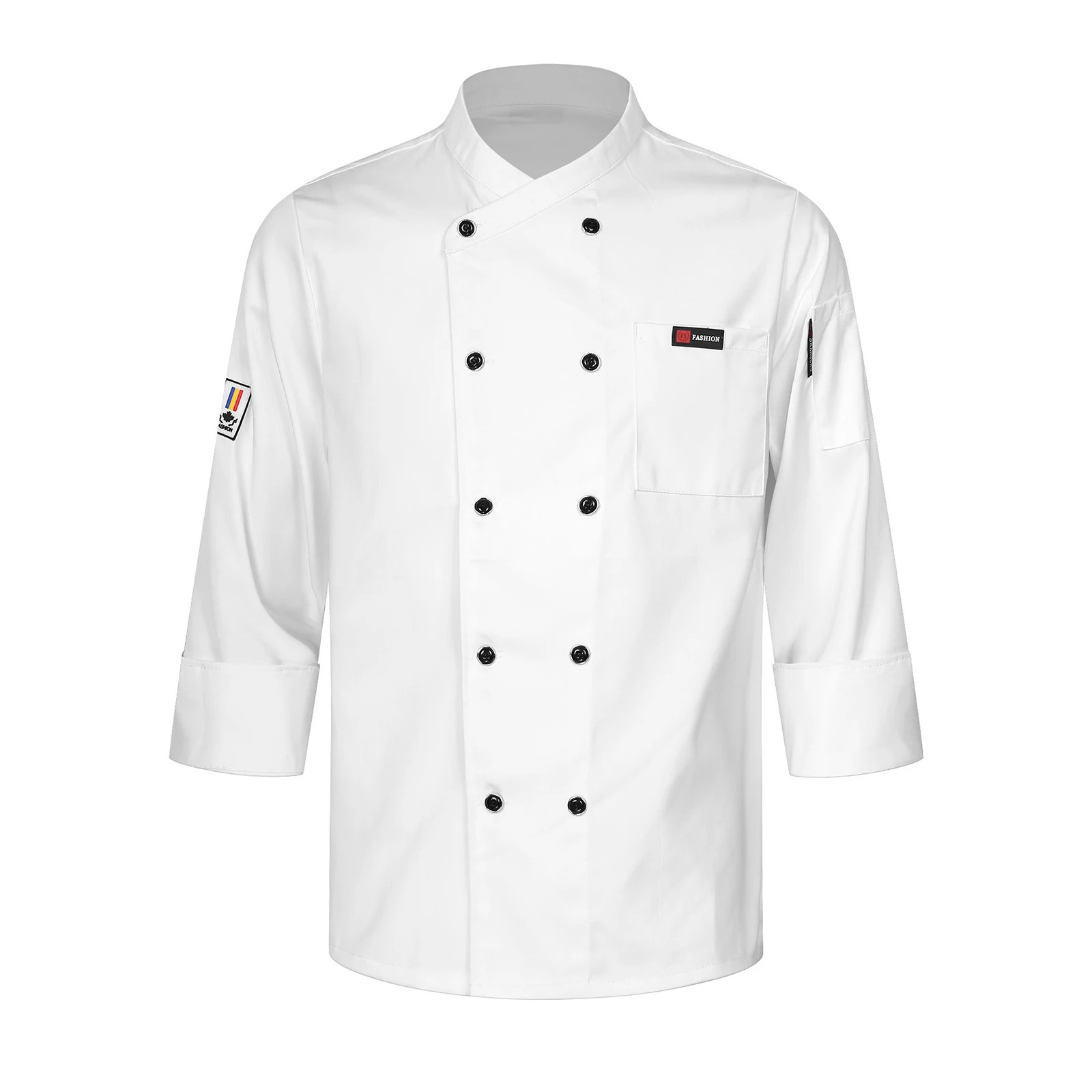 Mens Women Double-Breasted Chef Coat Cross-Over Collar Pockets Cook Uniform Top for Kitchen Restaurant Hotel Cafe Bakery Canteen