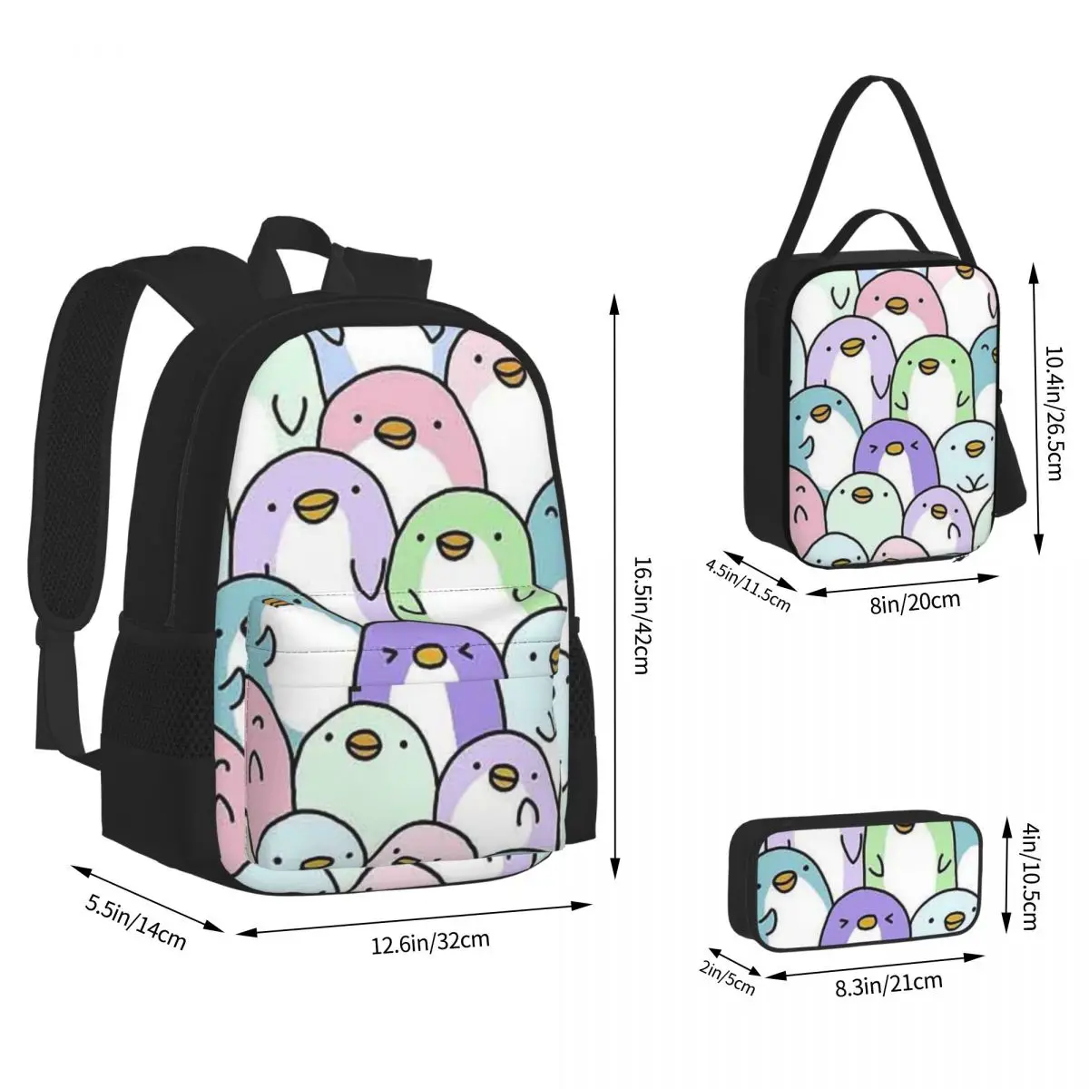 Penguin Snuggles Backpacks Boys Girls Bookbag School Bags Kids Rucksack Lunch Bag Pen Bag Three-Piece Set