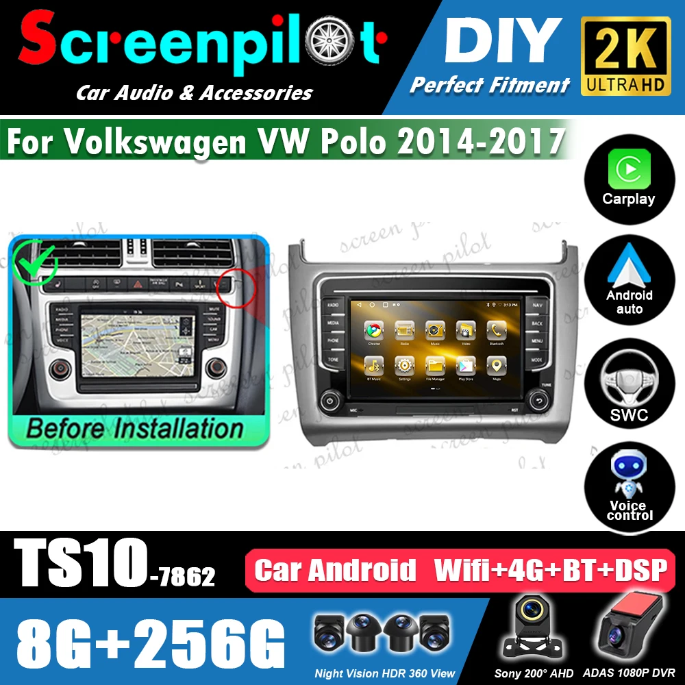Android16 Car Radio Carplay Bluetooth For Volkswagen VW Polo 2014-2017 Auto Multimedia Video Carplay Navigation GPS 5G WIFI