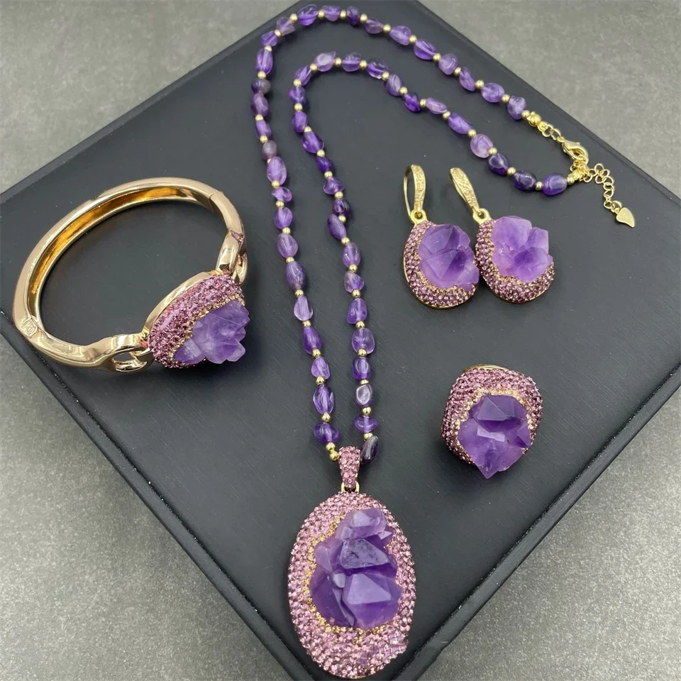 

Raw Amethyst Crystal Beaded Strand Necklace Ring Earring Set Turkish Style Women Luxury Quartz Jewelry Mother's Day Gift