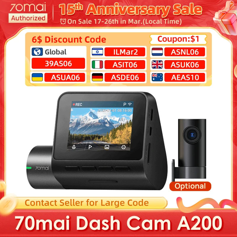 70mai Dash Cam A200 Gobal Dual-channel Record 1080P HDR 2'' IPS Screen 24H Parking Monitor 70mai Car DVR A200 WIFI APP 130° FOV