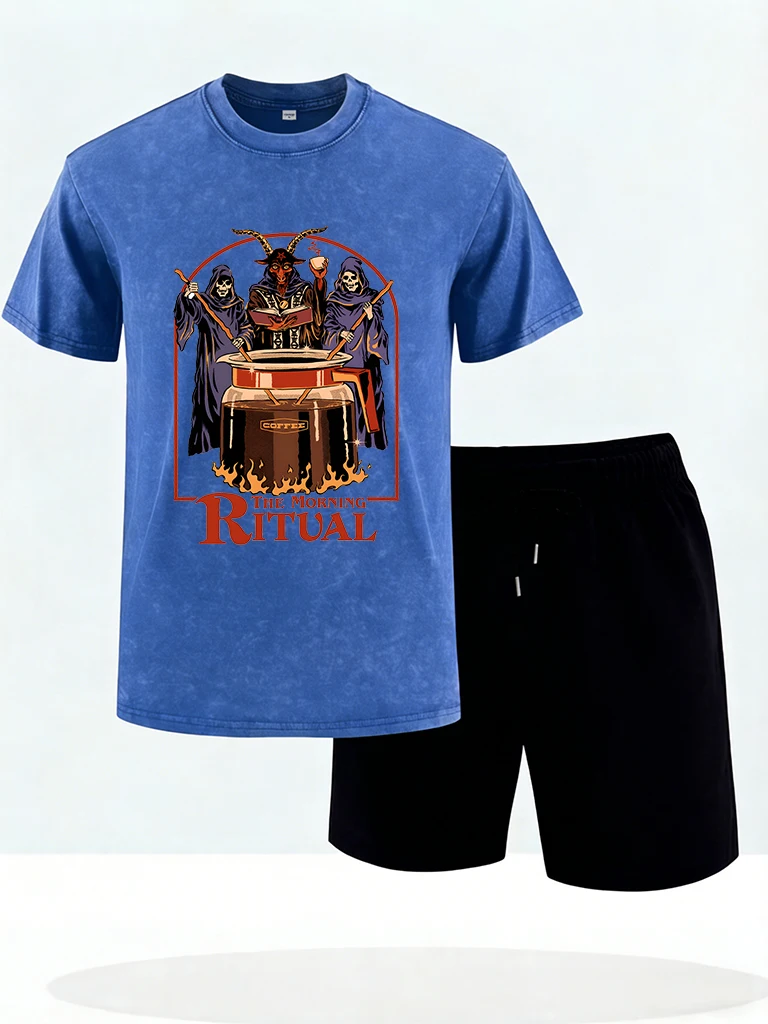 

Sangoma The Morining Ritual Prints Men Fashion Washed T-Shirt Casual Loose Tee Summer Cotton Short Pants Soft Sport Shorts Set