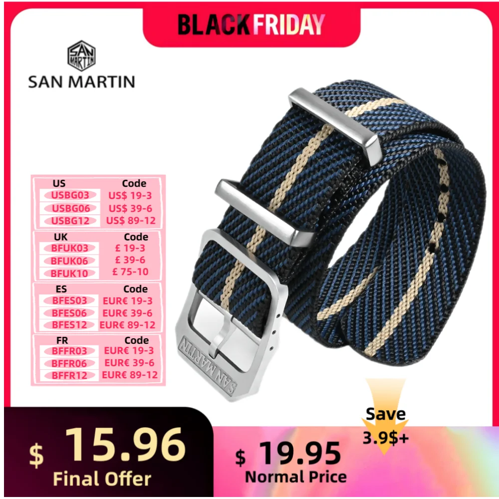 San Martin Woven Nylon Strap Retro Watchband 20mm Military Paratrooper Watch Band With Pin Buckle Correa Reloj BD0006