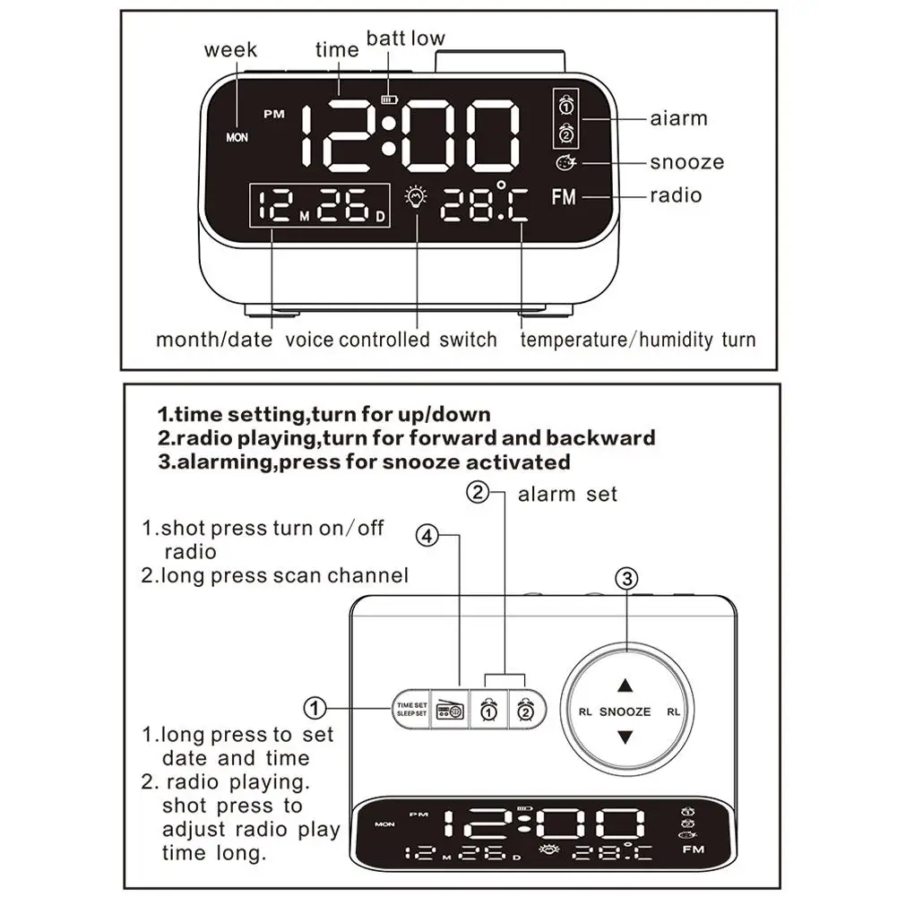 Imagem -06 - Led Despertador Digital com Função Soneca Dupla Porta de Carregamento Usb Rádio fm Escurecimento Monitoramento em Tempo Real Temperatura Umidade