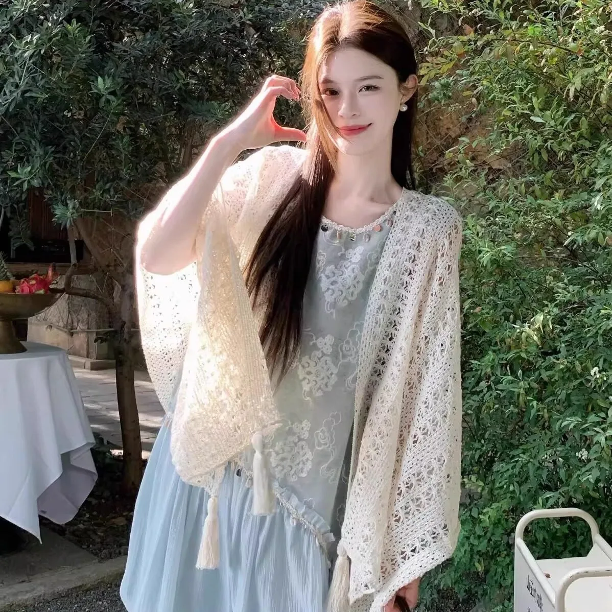 Women's Boho Style Hollow Knit Tassel Kimono Shawl Soft Breathable Sun Protection Wrap Cardigan for Summer Layering
