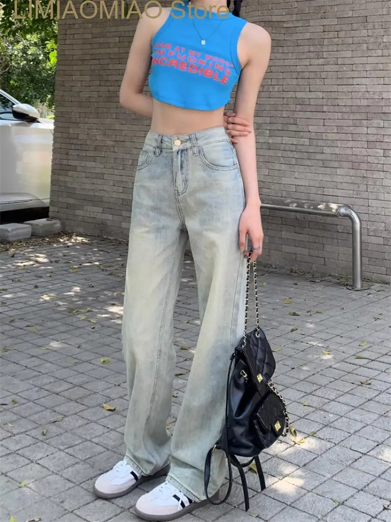 Nieuwe Gewassen Distressed Lichtblauwe Rechte Jeans Hoge Taille Retro Damesbroek Denim Rits Pantalones Wide Leg Jean Chic