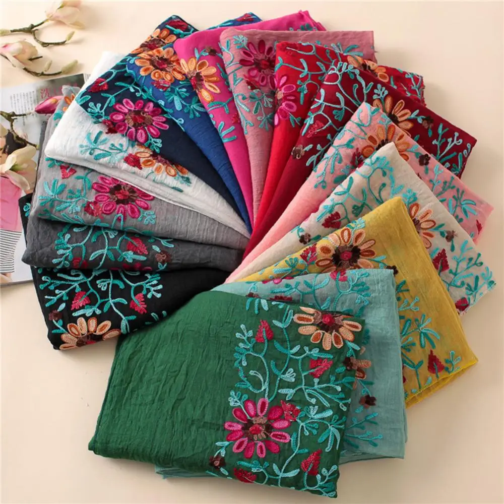 Embroidered Flower Scarf Cotton Women Long Wrap Bandana Scarves Girl Shawl Gift Muslim Hijab Cap Indian Bandana Wrap Headband