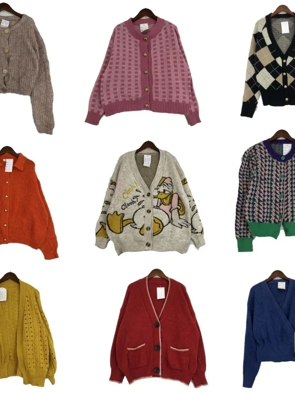 

Vintage Small Knitted Cardigan Outerwear Woolen Women's Faion Spring Autumn Winter Straight Cut Print Splicing V-ne Coat