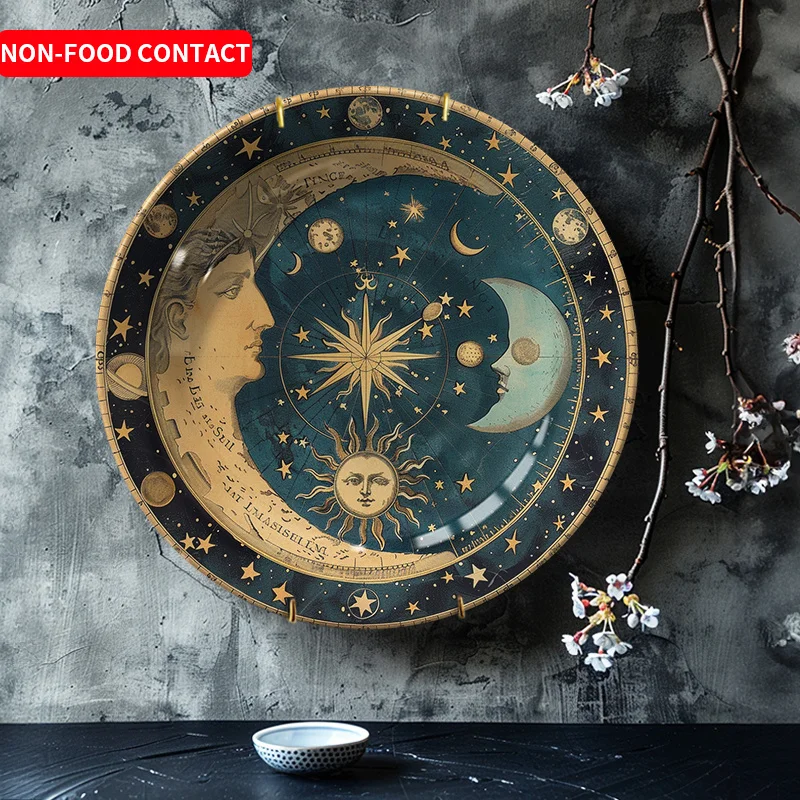 1pc Creative Ceramic Decorative Plate Sun Moon Face Art Ornament Nordic Style Wall Hanging Plate Non-Food Contact Living Room