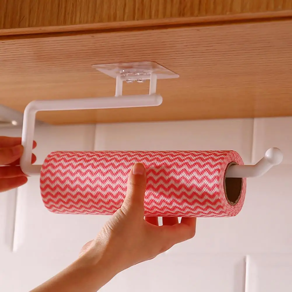 Roll Paper Rack Paper Towel Holder Wall Mounted Roll Paper Holder Storage Rack with Strong Adhesive Plastic Film for Kitchen