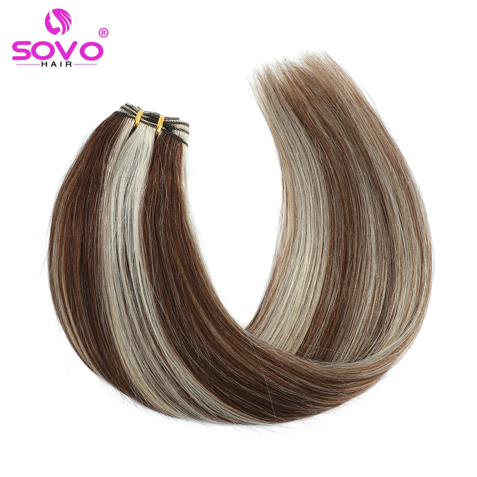 SOVO Human Hair Weft Highlight Indian Machine Remy Natural Blonde Straight Weave 100g Bundles Sew in Wefts Extensions For Salon