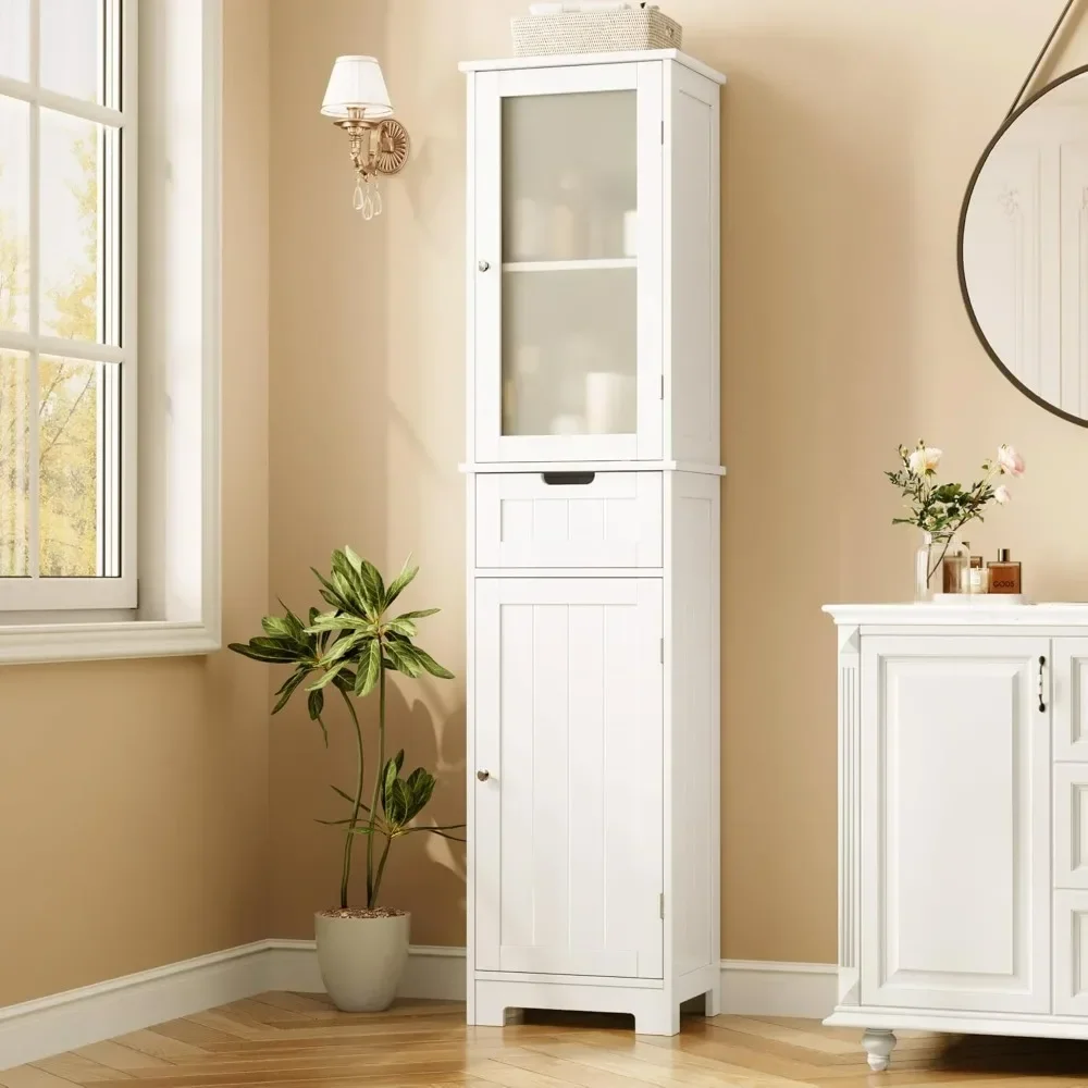 7-inch high bathroom cabinet, narrow storage cabinet, independent linen cabinet with doors and adjustable shelves