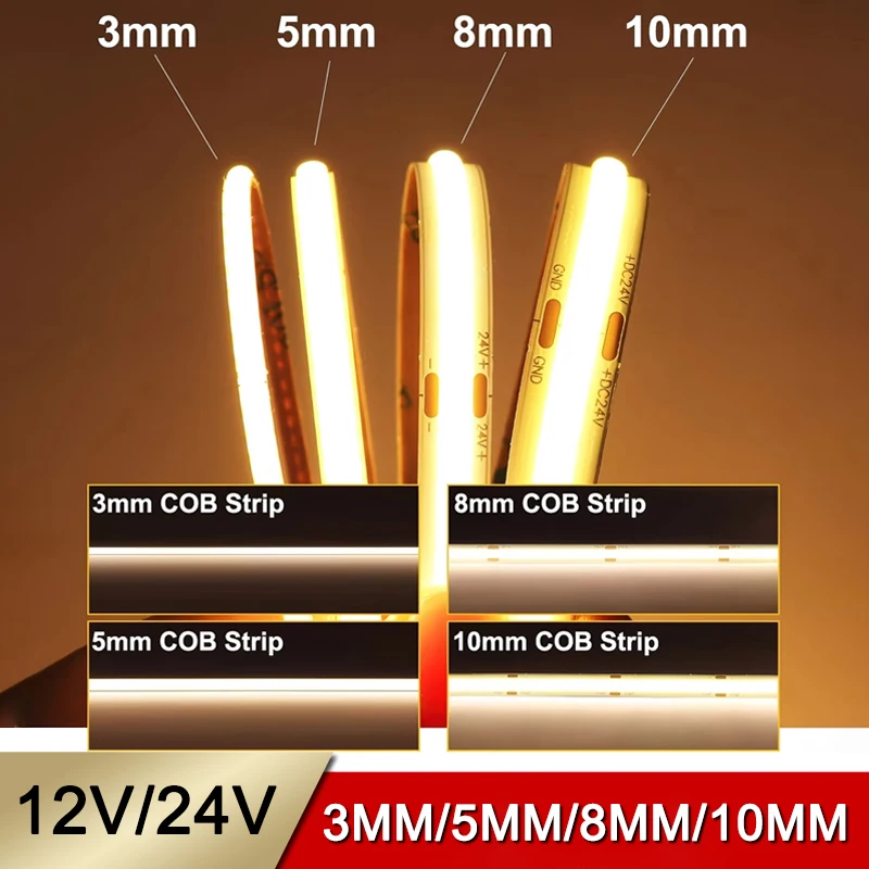 

High Cri Ra90 5M/Roll Dotless Flexible Cuttable Dc 12v 24v Cob Led Strip Light 3mm 5mm 8mm 10mm Flex Fob Cob Led Strip