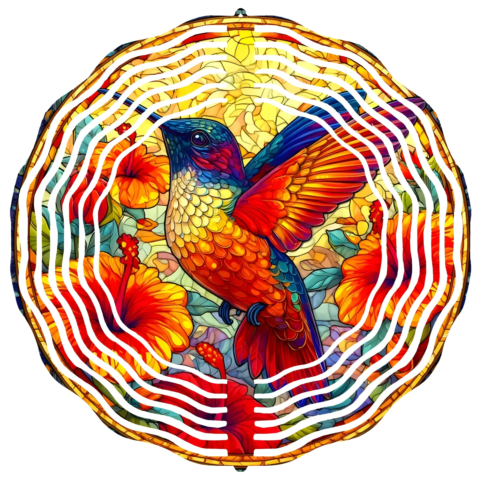 Stained Glass Wind Chime, Hummingbird and Flower Design - Outdoor/Hanging Garden Decoration, Suitable for Courtyards, Weddings