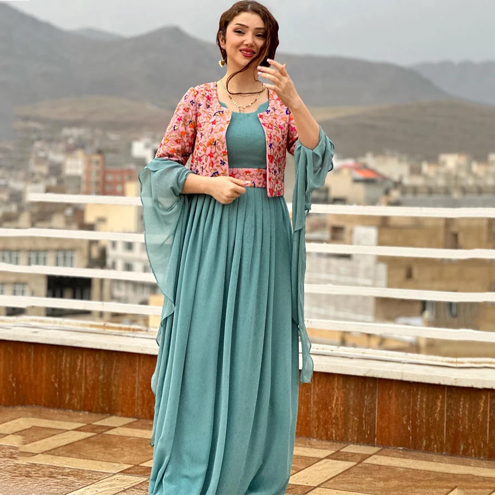 Middle Eastern style Exquisite Straight Three Quarter Ruffles Prom Dresses Round Neck Elegant Evening  vestidos de festa