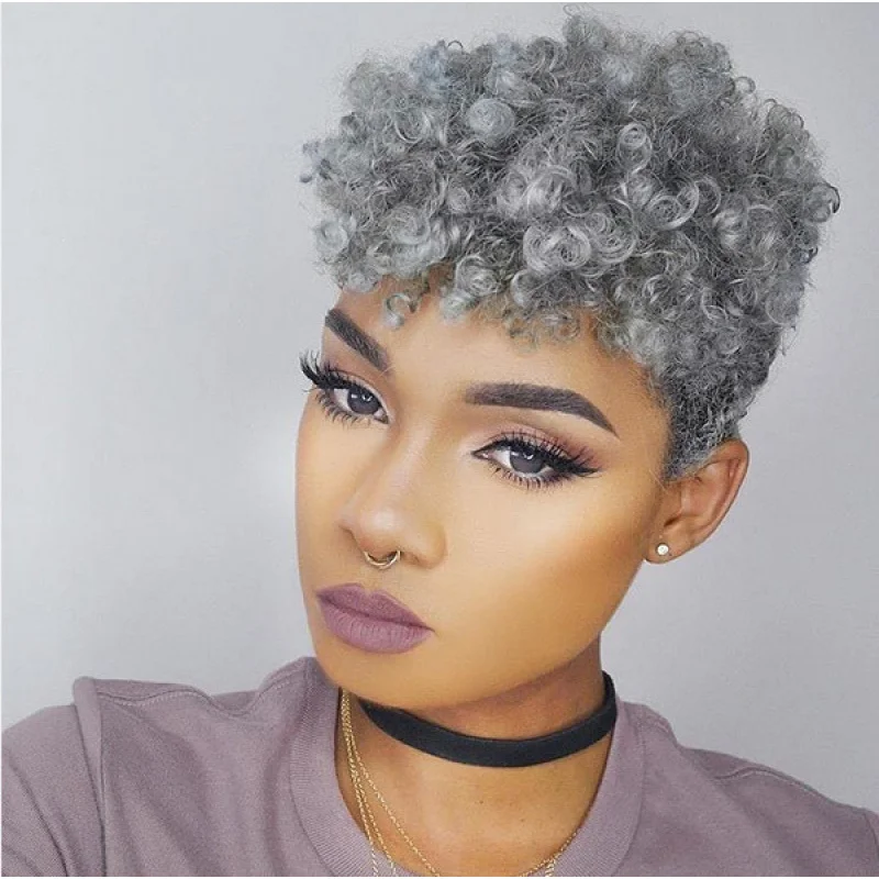 

European, American, and African women's wigs in silver-white color with small curly hair