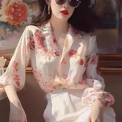 Vintage romantik uzun kollu gömlek üstleri ilkbahar ve sonbahar yeni Chic baskılı Polo boyun tek göğüslü kadın giyim bluzlar