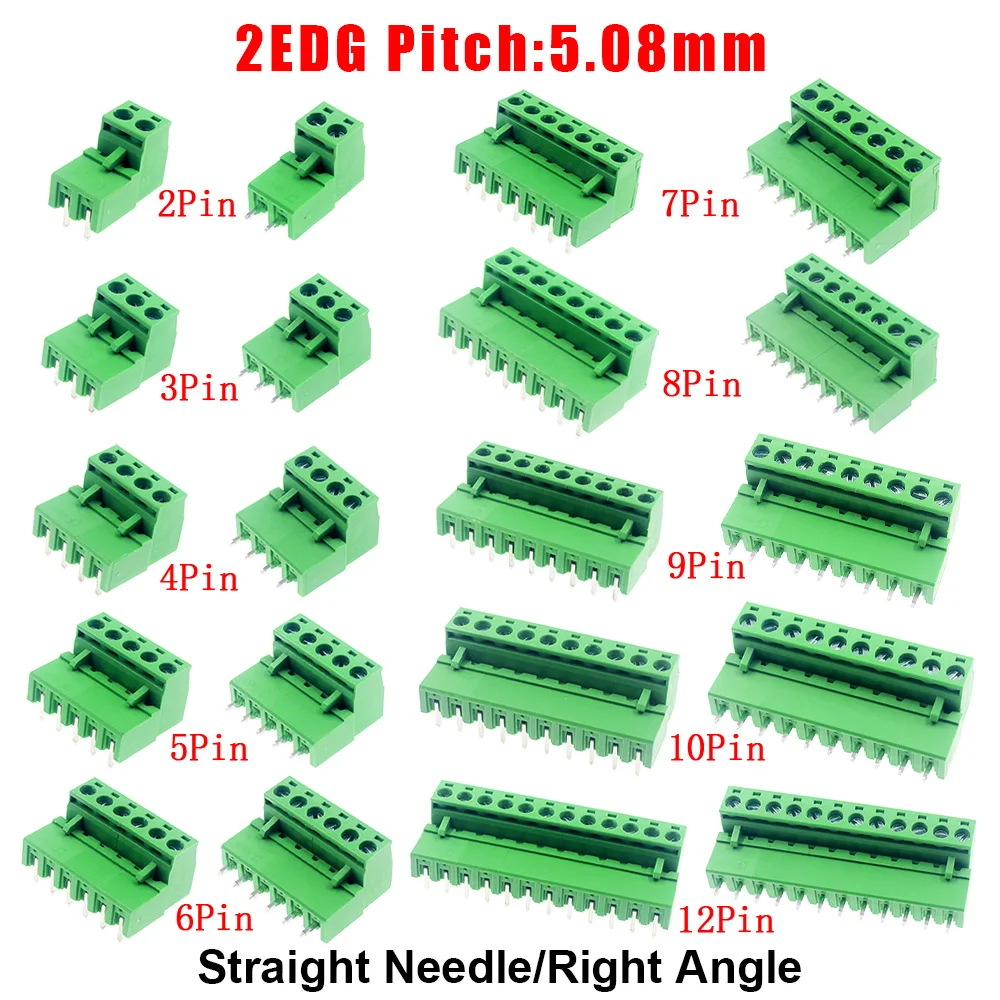 Lote de conectores de bloque de terminales, 10/5 pares, paso de 5,08mm, 2EDG, 5,08mm, 2-12 Pines, Pcb, enchufe sellado