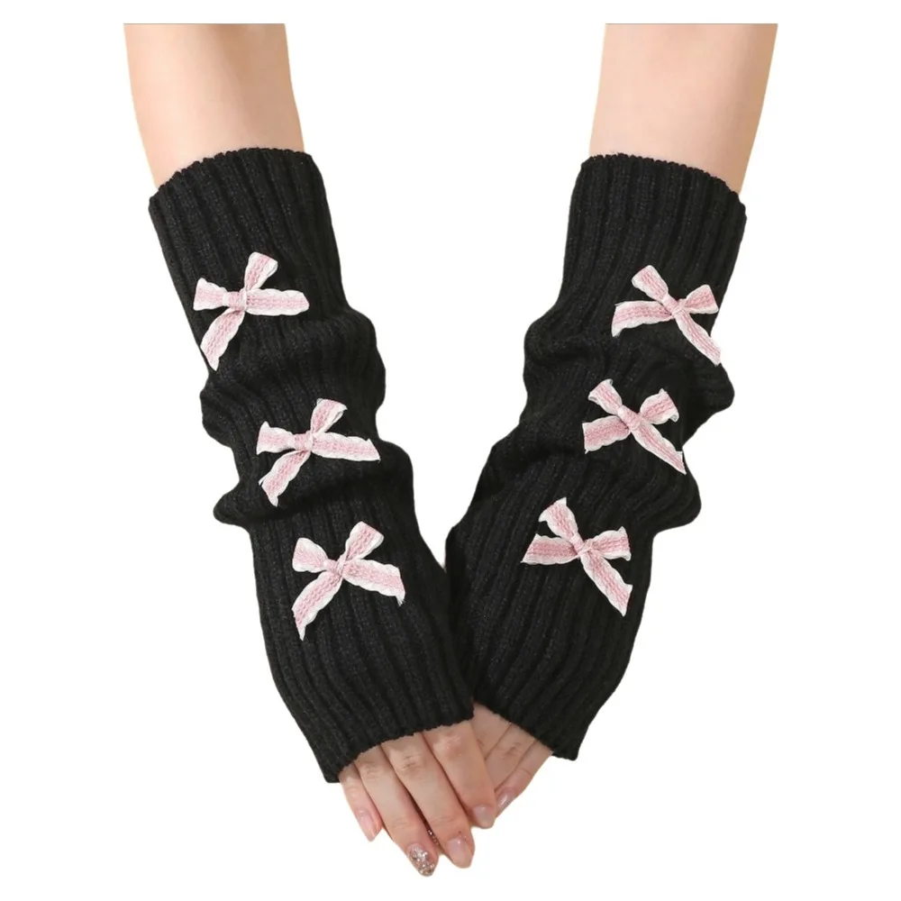 Cute Thicken Bow Arm Warmers Long Knit Soft Knitted Y2K Fingerless Gloves Bowknot Sweet Sleeve Cover Female