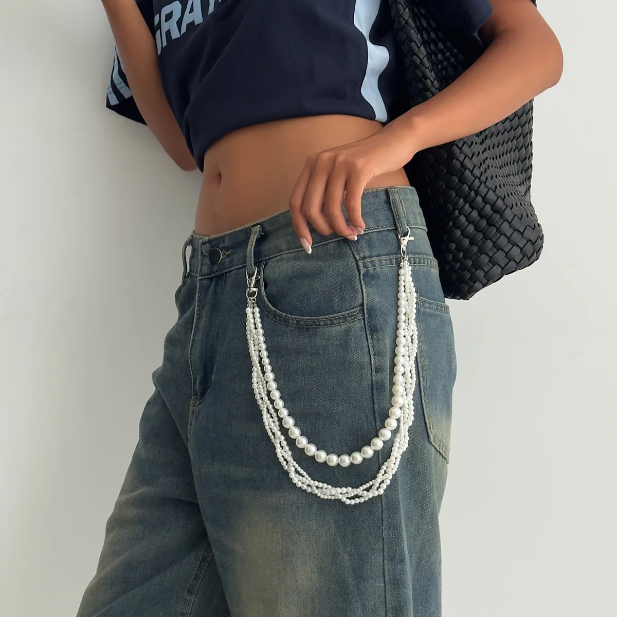 

Hip Hop Cross Jeans Chain Imitation Pearls Pants Chain for Men Modern Unique Multilayer Summer Waist Chain Daily Jewelry Gift