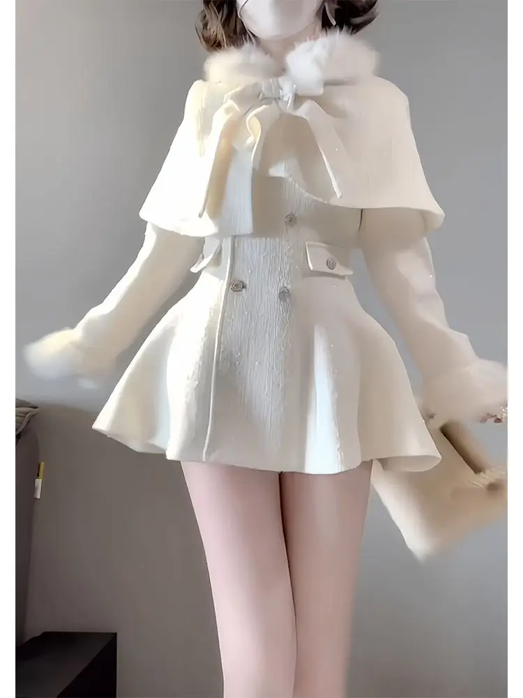French Solid Elegant Princess Mini Dress Women Double Breasted Fur Trim Bow Detail Slim Fit Bodycon Party Night Outfit 2026 New