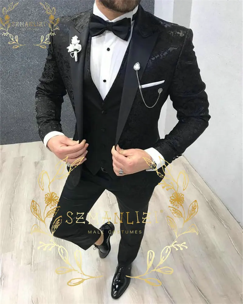 

SZMANLIZI 2022 Latest Designs Black Floral Party Blazer Men Suits Costume Homme Groom Tuxedos Wedding Terno Masculino 3 Pieces