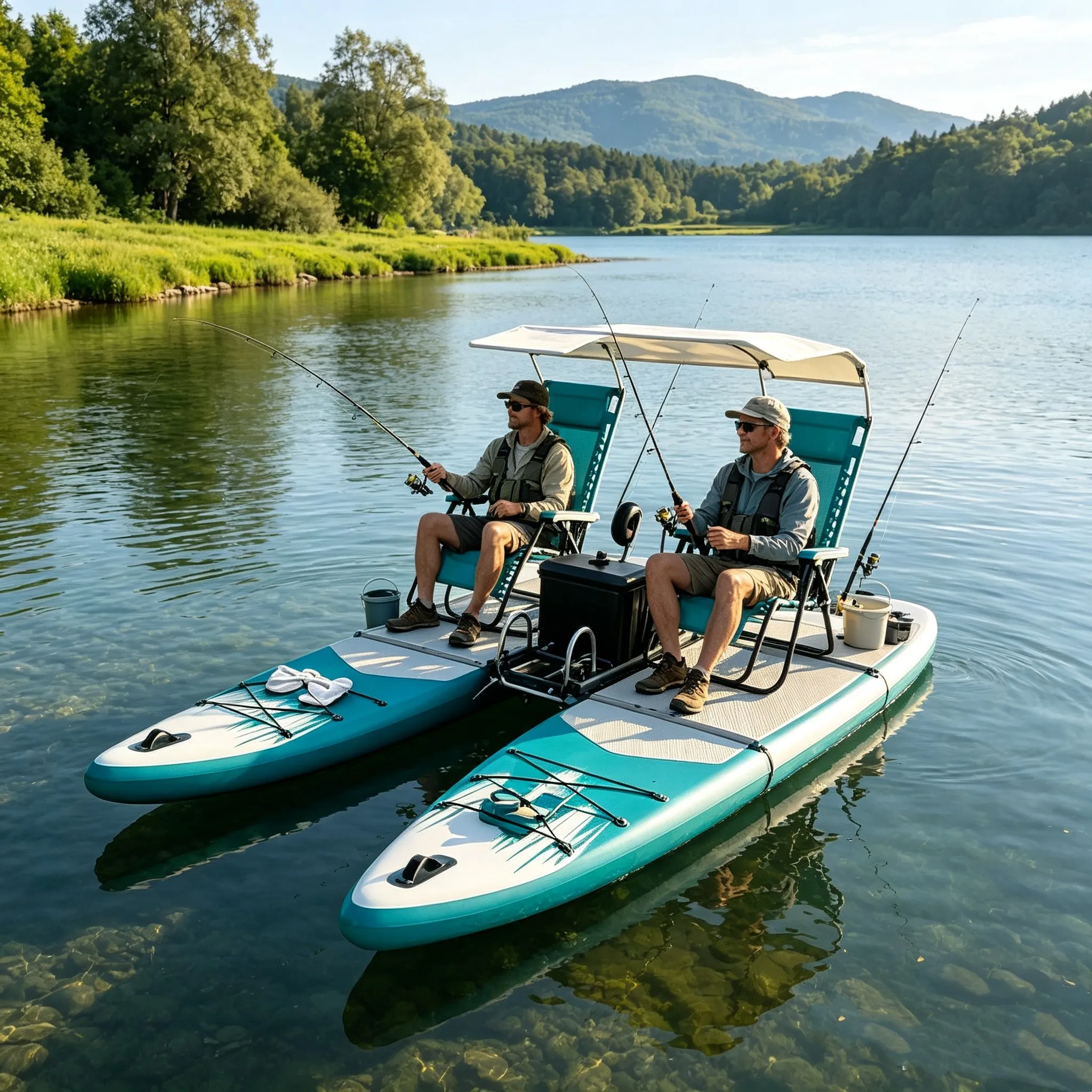 Factory Wholesale Inflatable Catamaran Floating Leisure Platform Double SUP Paddle Board Boat with Canopy Table and Seats