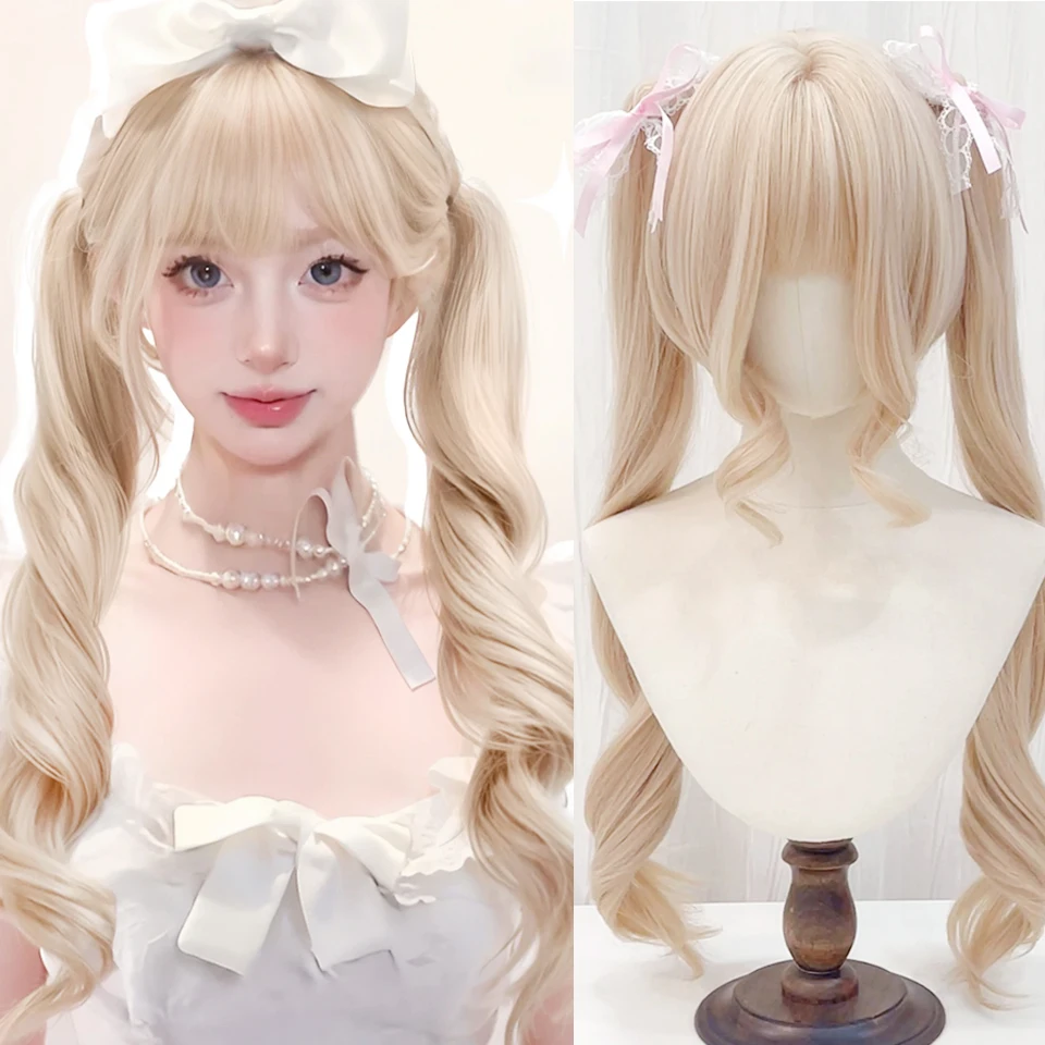 

Synthetic Light Golden Lolita Double Ponytail Wigs Bangs Wig Heat-Resistant Natural Fluffy Fake Hair Daily Wear Cos For Women