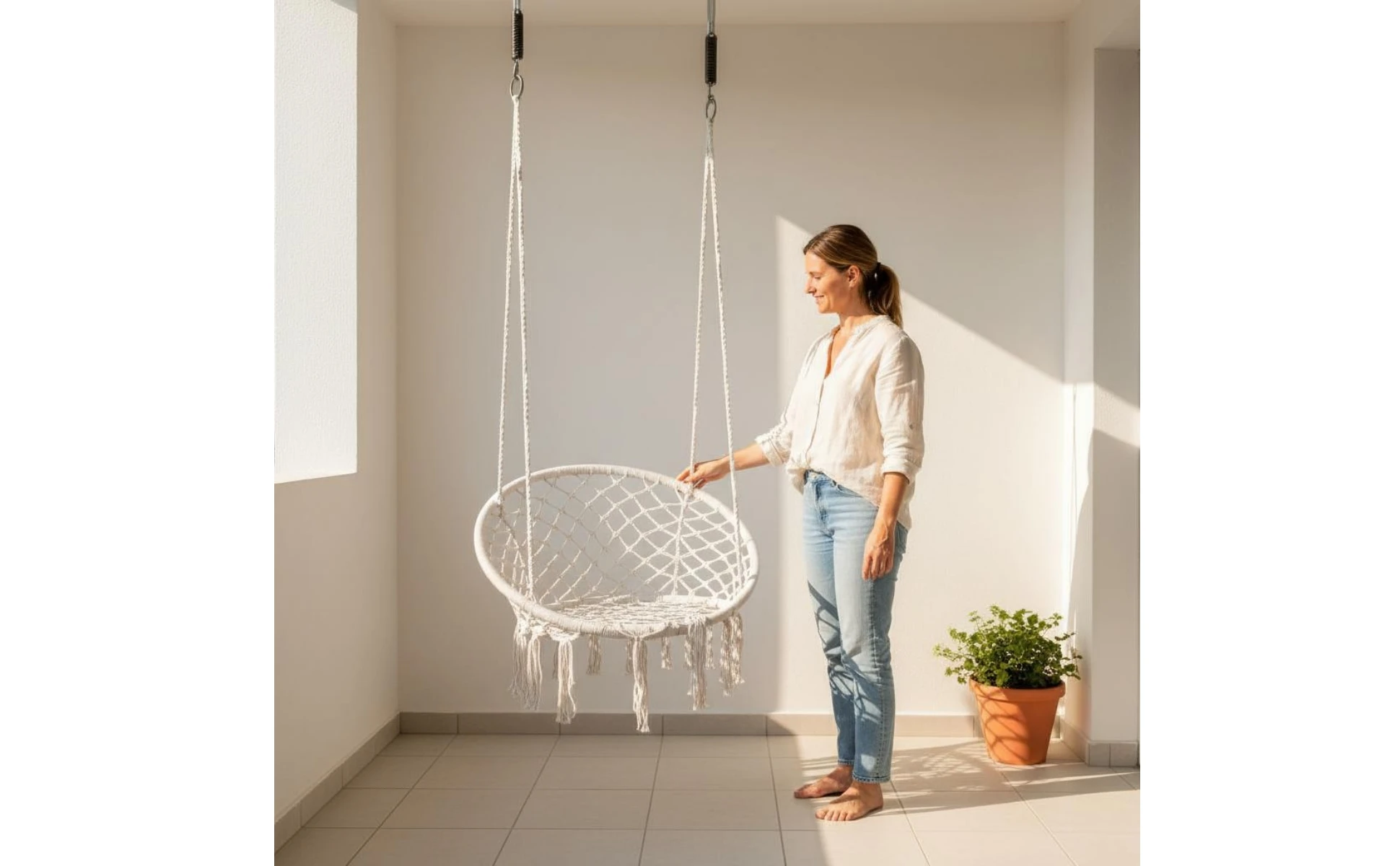 Macrame Chair Airy Lattice Cotton Rope Hanging Chair Home Furniture Oval Frame Single-Color