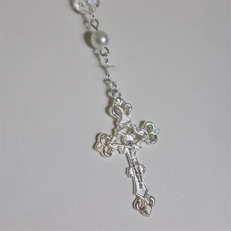 Victoria Handmade Pearl Necklace  Imitation White Crystal Beads Pearl Rosary Style Long Necklace Adjustable Gothic Cross