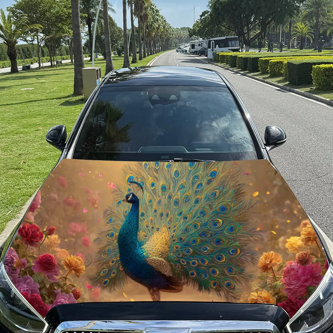 Dynamic Magnificent Peacock PVC Car Engine Hood Vinyl Wraps, Self-Adhesive Waterproof Car Hood Decal Sticker, Car Decoration Pro