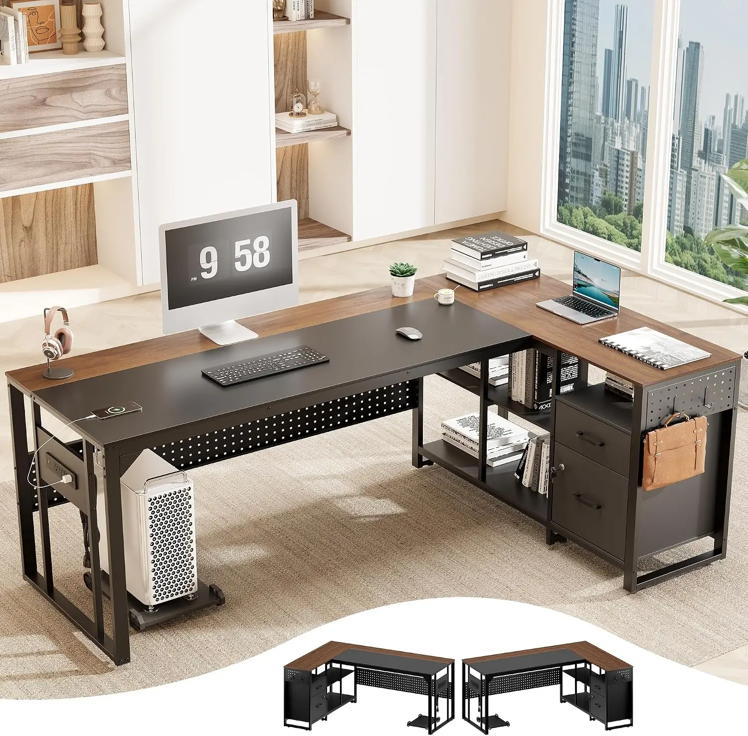 Large L Shaped Office Desk Reversible Computer Desk Power Outlet Locked File Drawers Storage Shelves Pegboard Mobile CPU Stand M