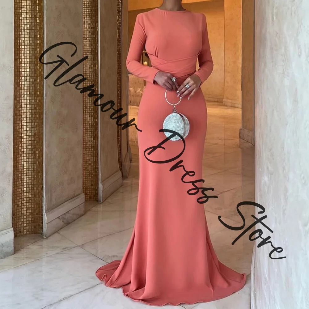 Нежное прямое вечернее платье из джерси по индивидуальному заказу с круглым вырезом и длинными рукавами со шлейфом на заказ, однотонные классические платья