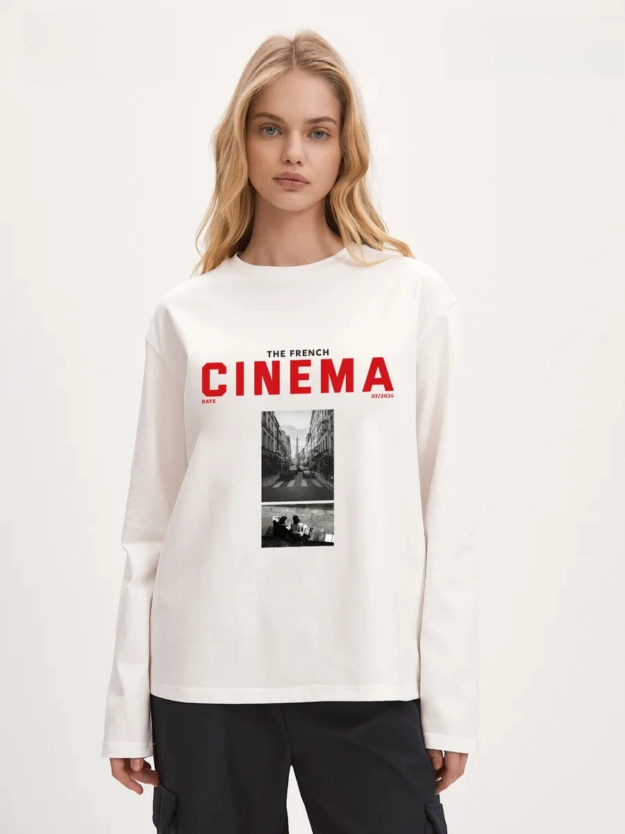 100% Cotton Long Sleeve Spring Autumn Women's Fashion Letter Retro Abstract Print T-Shirt INS Style Loose Versatile Casual Top