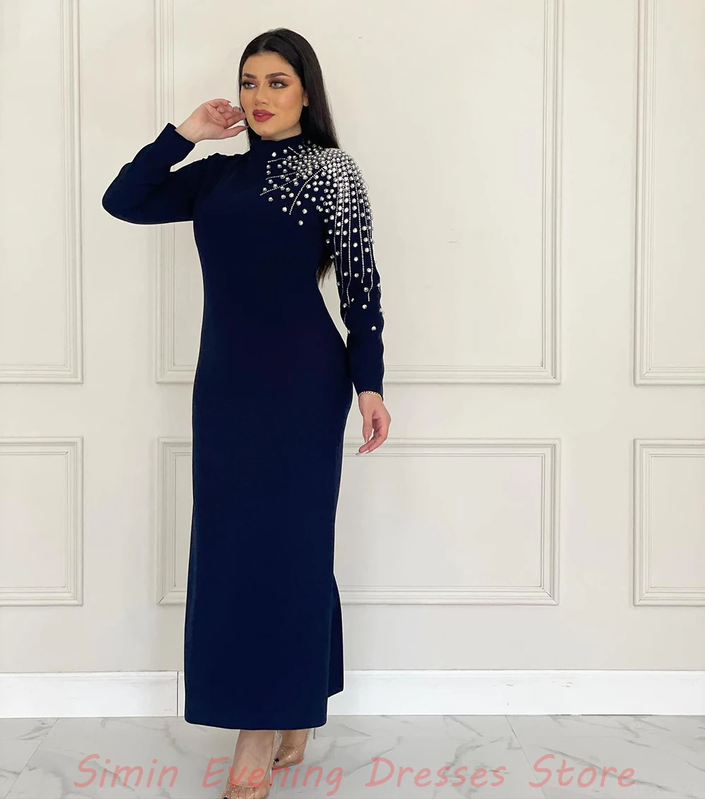 Simin High-Neck Straight Luxury Beaded Long-Sleeves Ankle-Length robes de soirée Saudi Arab Evening dresses for women 2024